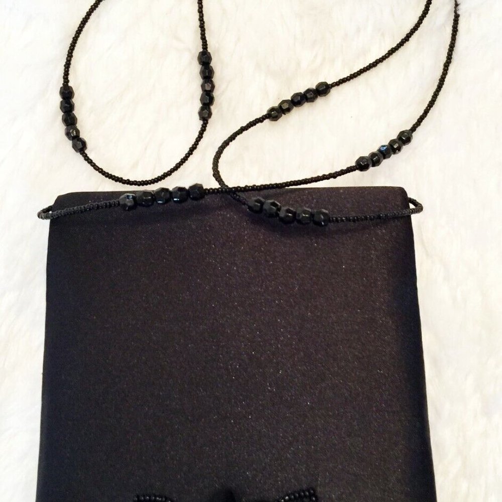 Jessica McClintock Womens Small Square Evening Bag Black Satin Floral Beaded